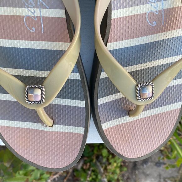 🩴BRIGHTON PLATFORM FLIP FLOP Shoes Sz 7 in peach/grey/cream.  Excellent Conditi - Picture 8 of 9